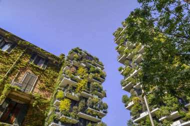 Bosco Verticale iki lüks konut kule Milans Porta Nuova bölgesinde yüzlerce ağaçlar ve balkon tesislerinde oluşan bir çift olduğunu