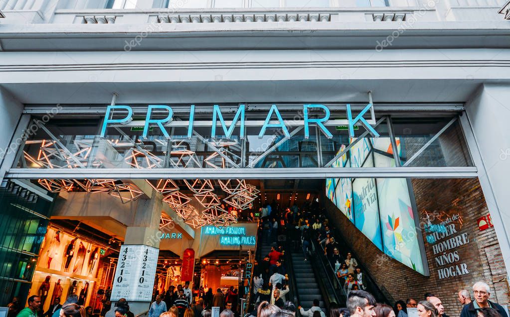 Madrid - Spain, Nov 2, 2019: Facade of the building of Primark clothes store in Gran Via avenue