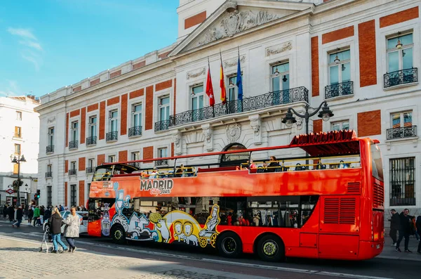 Madrid Espanha Março 2020 Autocarro Turístico Dois Andares Frente Real — Fotografia de Stock