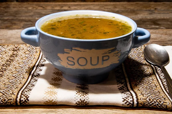 Homemade Meat Soup Ceramic Blue Bowl Metal Spoon Folklore Napkin — Stock Photo, Image