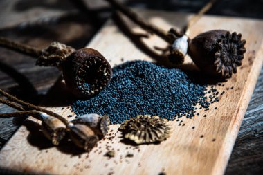 Haşhaş tohumları ve kurutulmuş haşhaş kafaları mutfak masasındaki tahta tahtada..