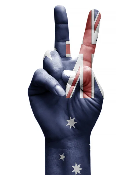 Zafer Işareti Yaparak Avustralya Bayrağı Ile Zafer Galibiyet Başarı Beyaz — Stok fotoğraf