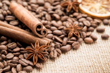 Çuval bezeli seçilmiş kahve çekirdekleri.