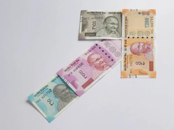 Nieuwe Indiase Munt 200 500 2000 Roepies Pijl Concept Achtergrond — Stockfoto