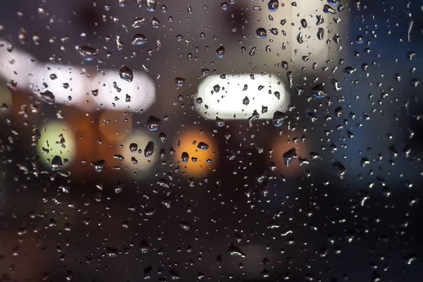 Chuva Cai Vidro Janela Luzes Cidade Noite Fundo — Fotografia de Stock