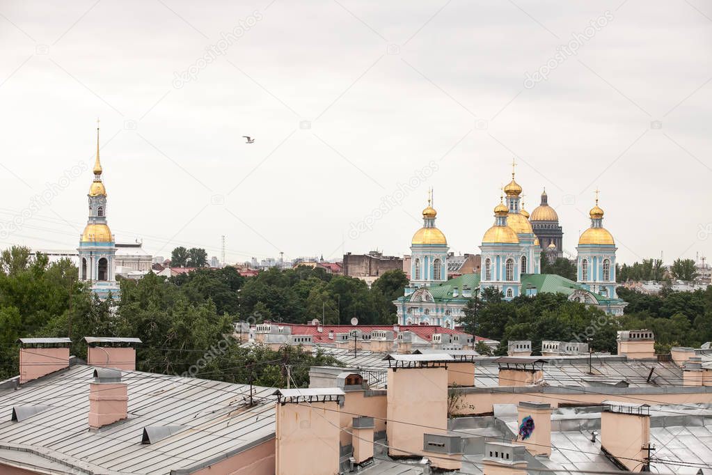 Top view of the cityscape Saint Petersburg with Isaacs and Nicholas Naval Cathedral.