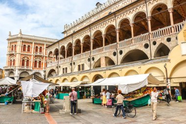 Padova, İtalya - Eylül 2018. Padova 'daki Erbe Meydanı' ndaki sebze pazarı (Piazza Delle Erbe).