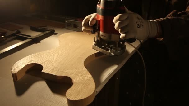 Heavy Duty Plunge Router Treats Edges Body Wooden Guitar — Stock Video