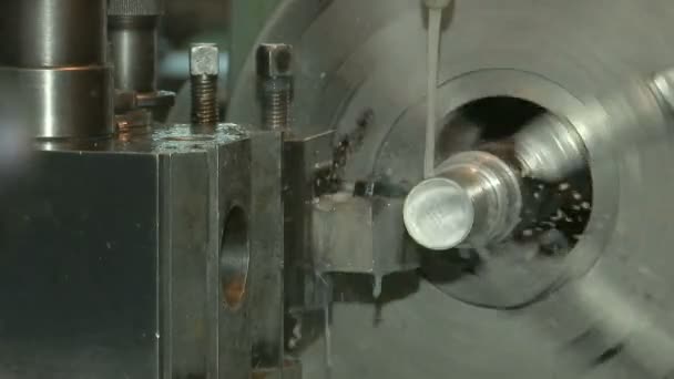 Turning Lathe Action Closeup Action Turning Lathe Piece Metal Spinning — Stock Video