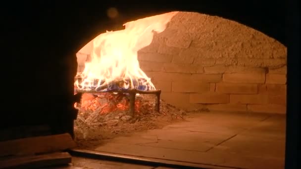 用木料在比萨饼炉的火中添加木料 — 图库视频影像