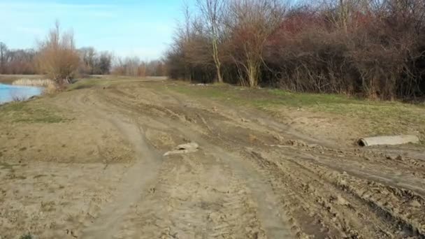 Volar Sobre Camino Tierra Bosque Invierno Día Soleado Tiro Avión — Vídeos de Stock