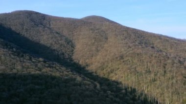 Ormanlık tepelerin üzerinde sol tarafta 4K drone görüntüsü var.