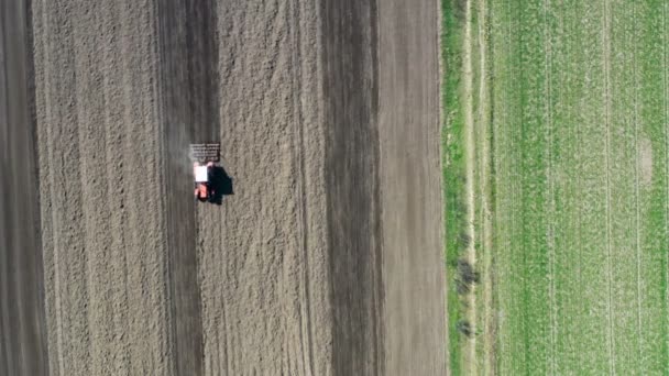 Trattore Moderno Che Lavora Campo Agricolo Veduta Aerea Aratro Trattore — Video Stock