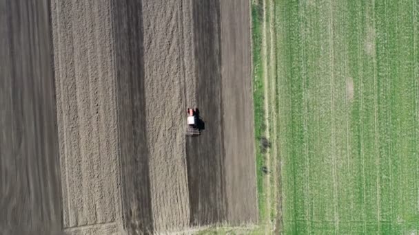 トップダウンビュー 播種のための土地を準備するトラクター 空中展望 農地の土地を準備トラクターで農民 トラクターはフィールドを耕す — ストック動画