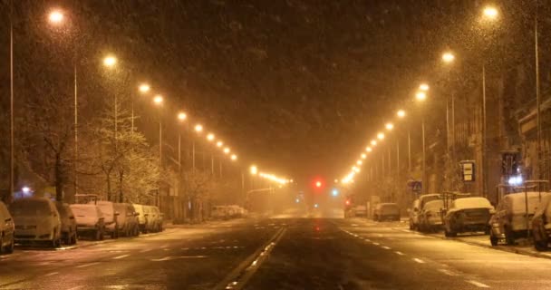 Empty Street Due Ban Movement Covid Snowy Night Traffic — Stock Video