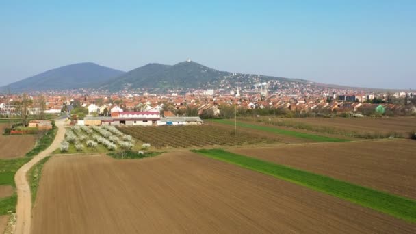 Zemědělské Půdy Panoramatu Města Kopci Dole Bezpilotní Výstřel Jarního Slunečného — Stock video