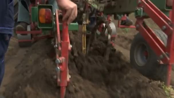 Primer Plano Tractor Una Nueva Bodega Plantando Vid Nuevo Suelo — Vídeos de Stock