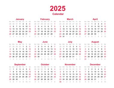 Takvim 2025 - 2025 yılında yıllık vektör takvimi - takvim şablonu - planlayıcı takvim