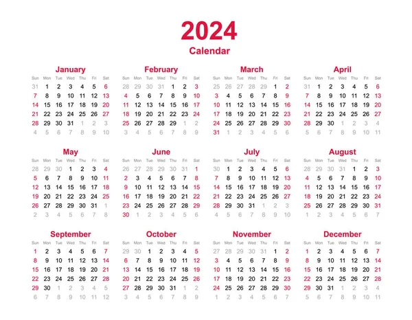 Takvim 2024 - 2024 yılında yıllık vektör takvimi - takvim şablonu - planlayıcı takvim
