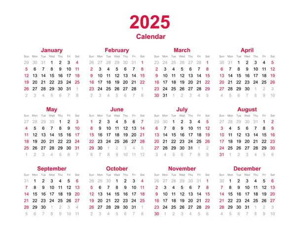 Takvim 2025 - 2025 yılında yıllık vektör takvimi - takvim şablonu - planlayıcı takvim