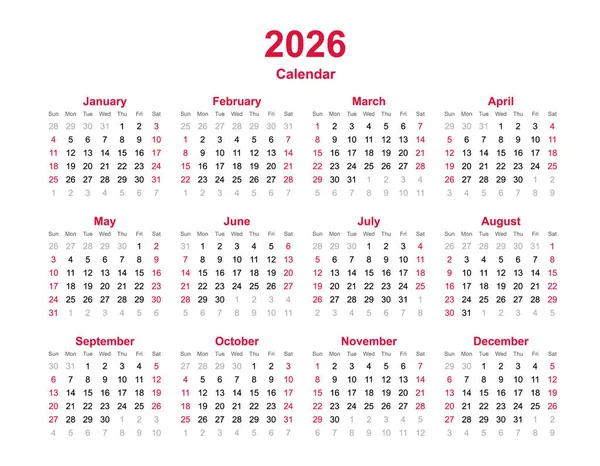 Kalender 2026 Monate Jahresvektorkalender Jahr 2026 Kalendervorlage Planer Kalender — Stockvektor