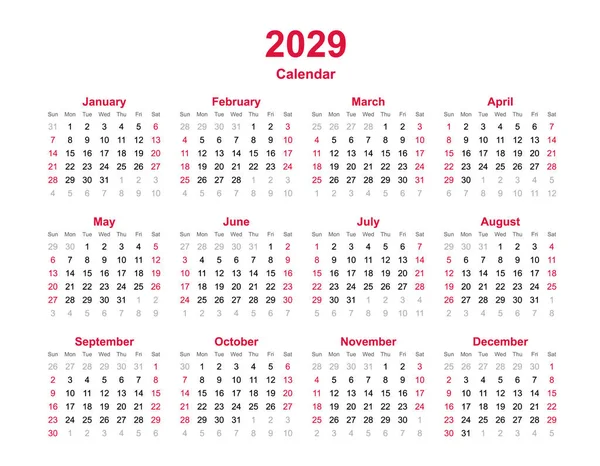 Calendario 2029 Meses Calendario Vectorial Anual Año 2029 Plantilla Calendario — Vector de stock