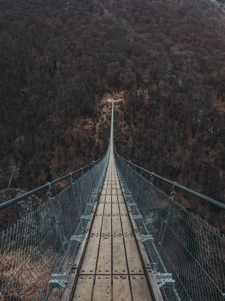 view down on a swing bridge over a forest canyon that leads to a impressive mountain with a forest full of trees