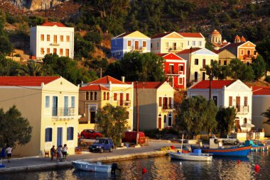Görünüm Harbour town Kastelorizo, Kastelorizo Island, Dodecanese Adaları, Yunanistan.