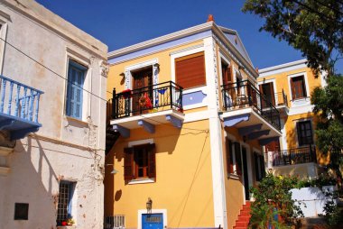 Harbour town Kastelorizo, Kastelorizo Island, Dodecanese Adaları, Yunanistan tarafından geleneksel evleri.