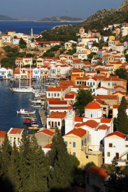 Görünüm Harbour town Kastelorizo, Kastelorizo Island, Dodecanese Adaları, Yunanistan.