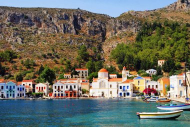 Görünüm Harbour town Kastellorizo, Kastellorizo Adası, Dodecanese Adaları, Yunanistan.