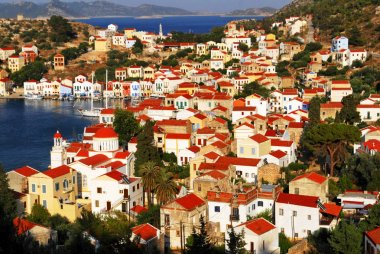 Görünüm Harbour town Kastellorizo, Kastellorizo Adası, Dodecanese Adaları, Yunanistan.