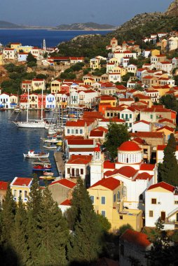 Görünüm Harbour town Kastellorizo, Kastellorizo Adası, Dodecanese Adaları, Yunanistan.