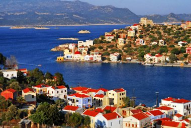Görünüm Harbour town Kastellorizo, Kastellorizo Adası, Dodecanese Adaları, Yunanistan.