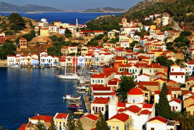Görünüm Harbour town Kastellorizo, Kastellorizo Adası, Dodecanese Adaları, Yunanistan.