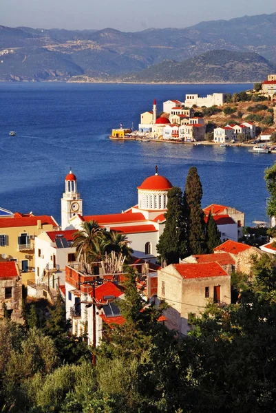 Görünüm Harbour town Kastellorizo, Kastellorizo Adası, Dodecanese Adaları, Yunanistan.