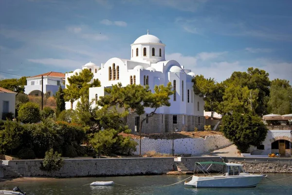 Greece Spetses Island Saronic Gulf Church Agios Nikolaos Old Harbour — Stock Photo, Image