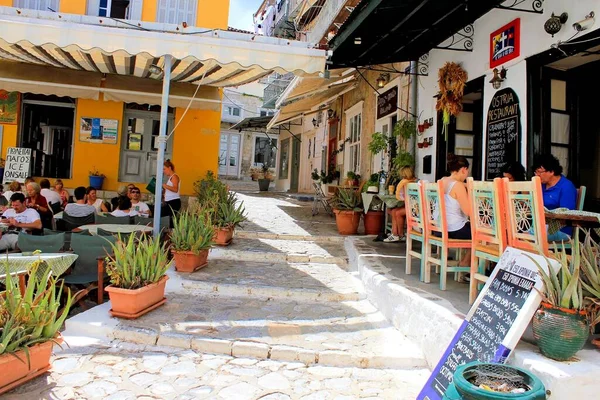 Straße Mit Café Restaurants Der Stadt Hydra Auf Der Insel — Stockfoto