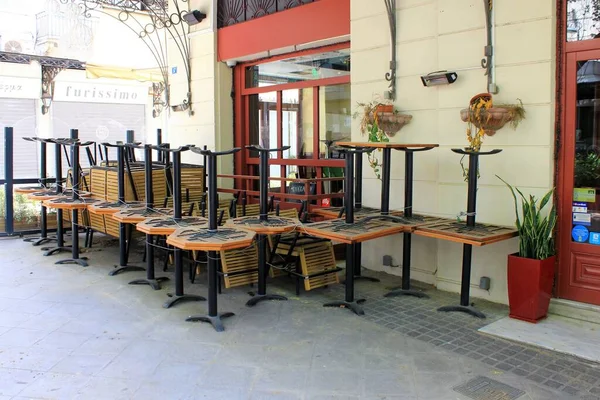 Athens Greece May 2020 Tables Chairs Stacked Closed Cafe Restaurant — Stock Photo, Image