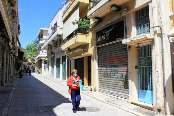 Atenas Grécia Maio 2020 Vista Rua Com Lojas Fechadas Segundo — Fotografia de Stock