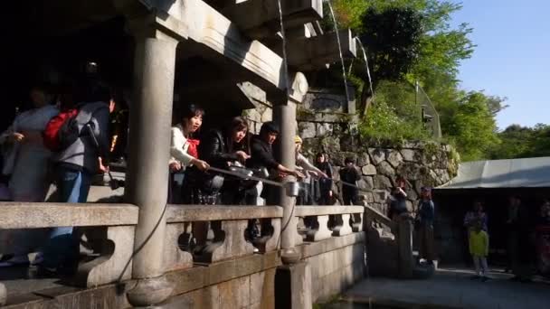 Turista recogiendo agua de la cascada Otowa-no-taki — Vídeos de Stock