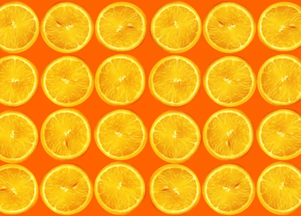 Collage of many photos yellow circle of a lemon with a seed on an orange background, close-up, copy space — Stock Photo, Image