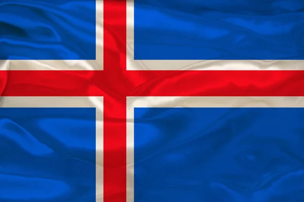 Hermosa foto de color iceland bandera nacional de color de estado moderno en tela texturizada, concepto de turismo, emigración, economía y política, primer plano —  Fotos de Stock