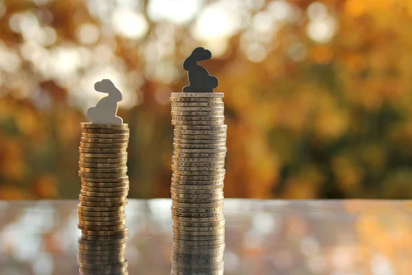 coins stack of cash of the European Union with a model of colored bunnies on a blurred background autumn landscape in the backlight, the concept of a white, gray and black salary