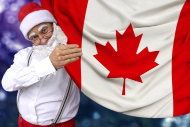Sakallı Noel Baba, kumaş, turizm, yeni yıl ve Noel, ekonomik ve politik beklentiler üzerine Kanada devletinin güzel bir bayrağını taşıyor.