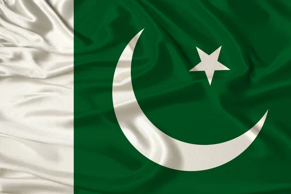 Schönes Foto der pakistanischen Nationalflagge auf zarter, glänzender Seide mit weichen Drapierungen, das Konzept der Staatsmacht, das Landleben, horizontal, Nahaufnahme, Kopierraum — Stockfoto