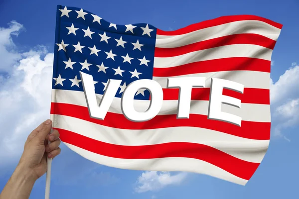 Male hand holds the national flag of the USA on a luxurious texture of satin, silk with waves, closeup, copy space, word VOTE against the background of the sky with clouds — Stock Photo, Image