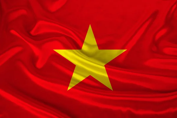 Foto dari bendera nasional Vietnam pada tekstur mewah satin, sutra dengan gelombang, lipatan dan sorotan, close-up, salinan ruang, konsep ekonomi negara dan politik, ilustrasi — Stok Foto