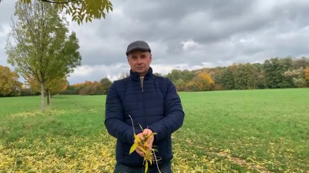 Man Van Middelbare Leeftijd Het Veld Herfst Lacht Dwaalt Rond — Stockvideo