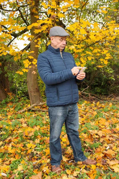 Toned foto de um homem idoso em um boné cinza e casaco azul, que está de pé em um parque entre folhas amarelas e laranja de árvores de bordo, está telefonando ou navegar na Internet — Fotografia de Stock